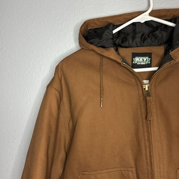 Key Saddle Brown Insulated Duck Hooded Work Jacket Full Zip Size Medium Regular - Picture 8 of 14